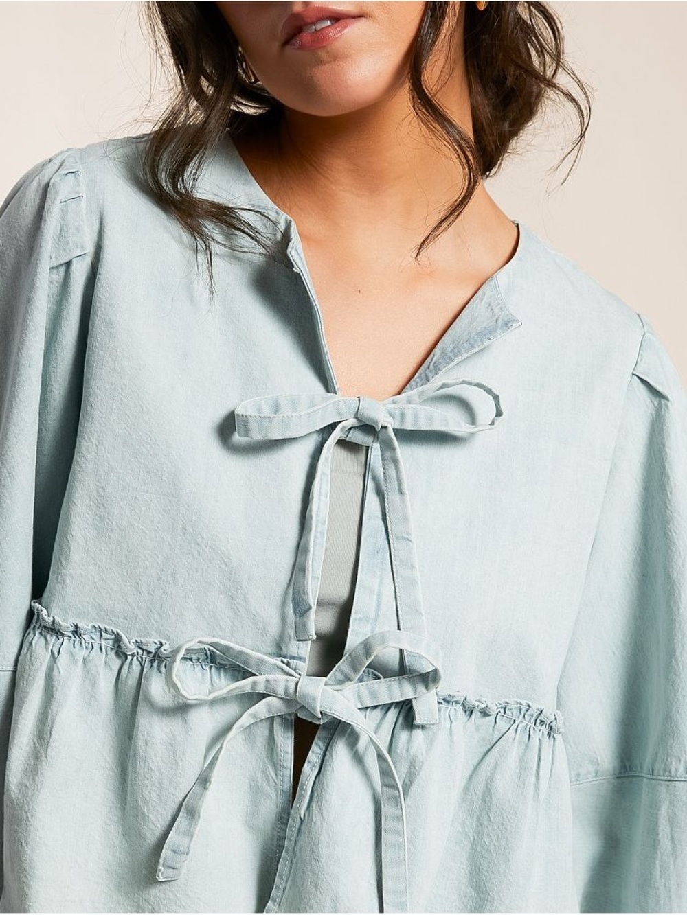 Free People Light Wash Tie-Front Denim Peplum Blouse